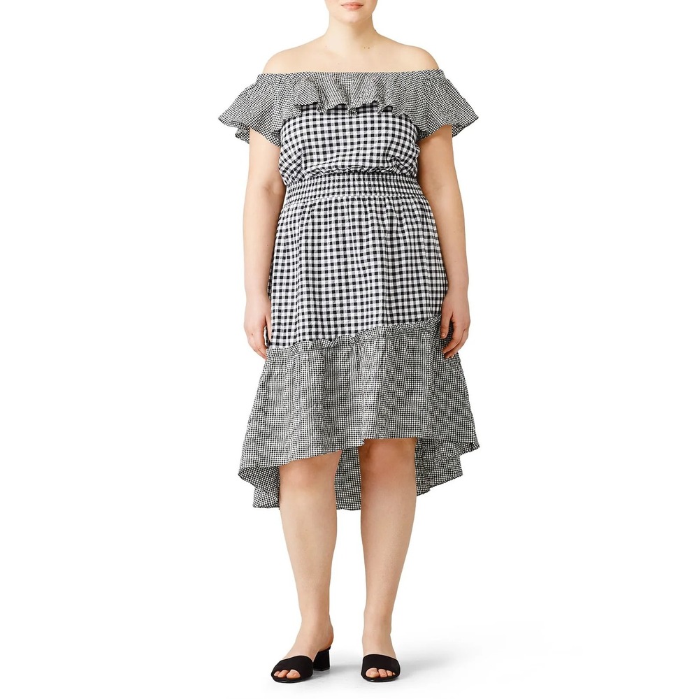 Rachel Roy Ava Dress Ruffle Smocked Midi Off Shoulder Black White Gingham Sz 2X
